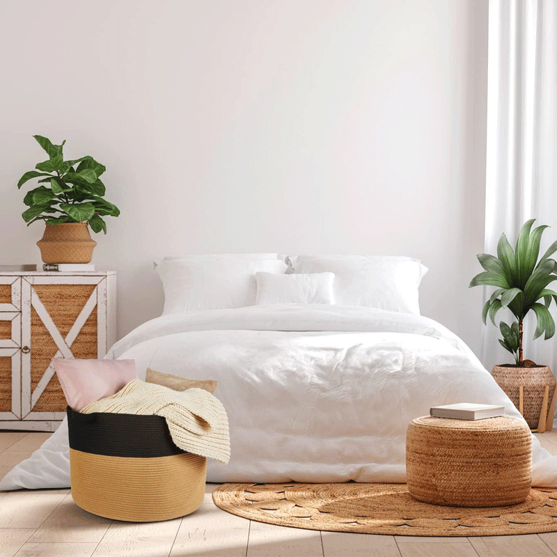 Jute Storage Basket	(Black and Natural Braided)