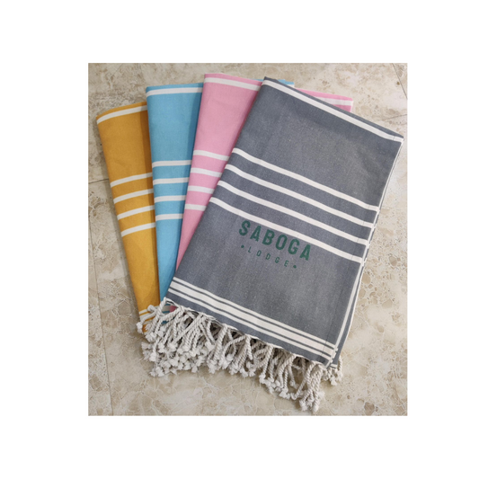 Turkish Towels(4 COLOURS: Pink,Yellow,blue and Grey)100% Cotton  with Saboga Lodge Logo